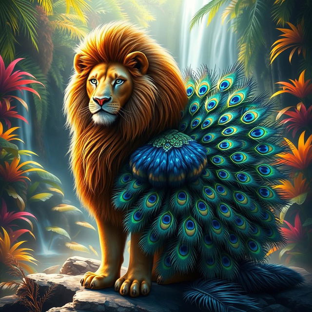 An imaginative creature that is a fusion of a lion and a peacock, showcasing a magnificent lion's body with vibrant, iridescent peacock feathers extending from its back