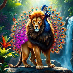 An imaginative creature that is a fusion of a lion and a peacock, showcasing a magnificent lion's body with vibrant, iridescent peacock feathers extending from its back