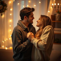A romantic scene depicting a deep love connection between a couple, set in a beautifully lit, cozy environment