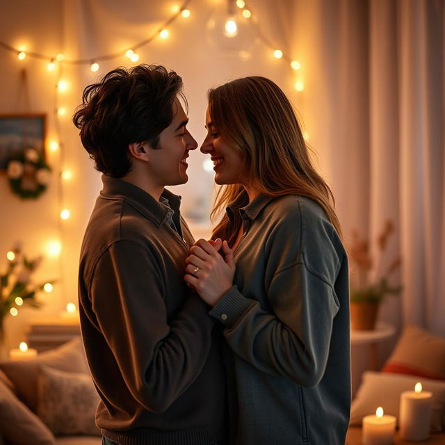 A romantic scene depicting a deep love connection between a couple, set in a beautifully lit, cozy environment