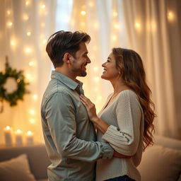 A romantic scene depicting a deep love connection between a couple, set in a beautifully lit, cozy environment
