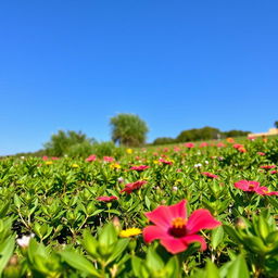 A close-up view of a beautiful landscape featuring lush greenery and vibrant flowers, with a clear blue sky above