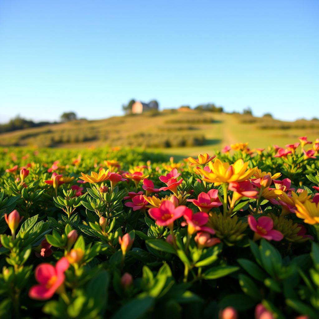 A close-up view of a beautiful landscape featuring lush greenery and vibrant flowers, with a clear blue sky above