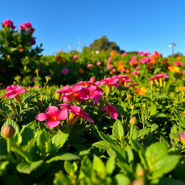 A close-up view of a beautiful landscape featuring lush greenery and vibrant flowers, with a clear blue sky above