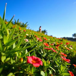 A close-up view of a beautiful landscape featuring lush greenery and vibrant flowers, with a clear blue sky above