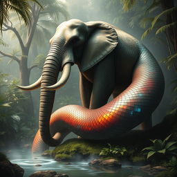 A massive elephant-snake hybrid creature, featuring the sturdy body of an elephant combined with an elongated, serpent-like tail that boasts iridescent scales shimmering in various colors