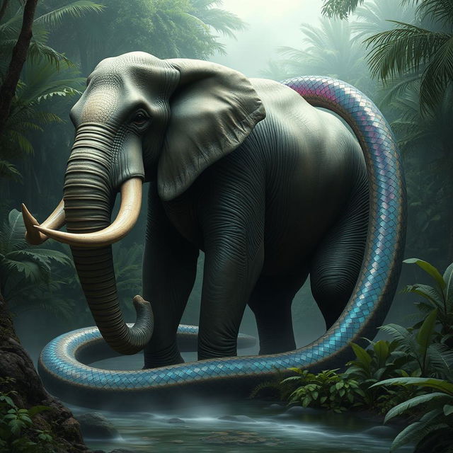 A massive elephant-snake hybrid creature, featuring the sturdy body of an elephant combined with an elongated, serpent-like tail that boasts iridescent scales shimmering in various colors