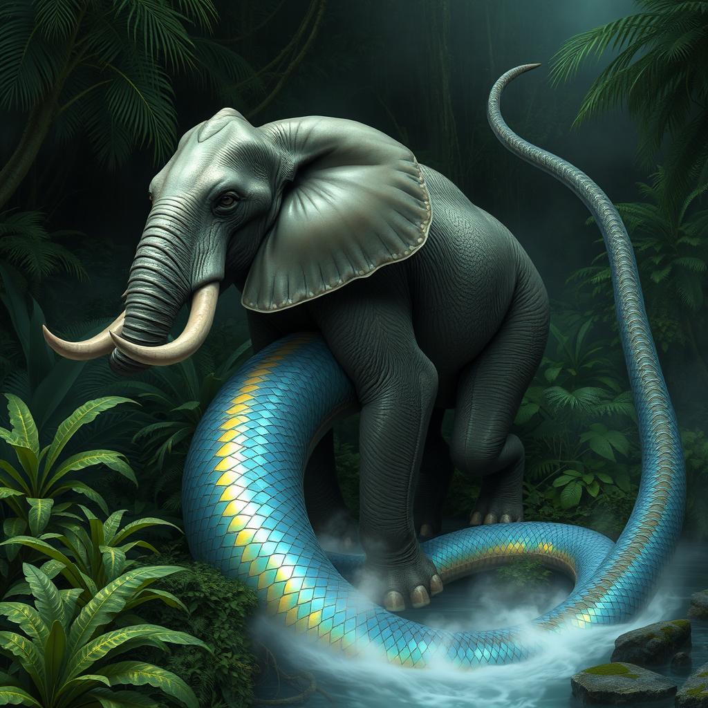 A massive elephant-snake hybrid creature, featuring the sturdy body of an elephant combined with an elongated, serpent-like tail that boasts iridescent scales shimmering in various colors