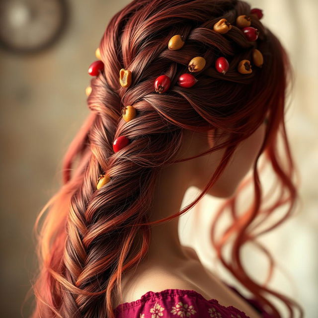 A stunning and intricate hairstyle featuring fantasy braids inspired by pomegranates and their vibrant seeds