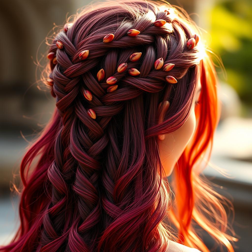 A stunning and intricate hairstyle featuring fantasy braids inspired by pomegranates and their vibrant seeds