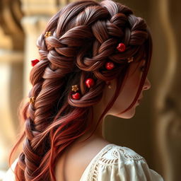 A stunning and intricate hairstyle featuring fantasy braids inspired by pomegranates and their vibrant seeds