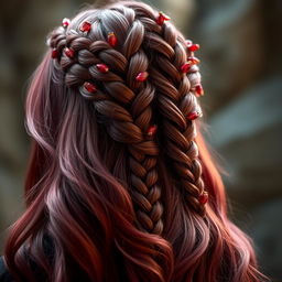 A stunning and intricate hairstyle featuring fantasy braids inspired by pomegranates and their vibrant seeds