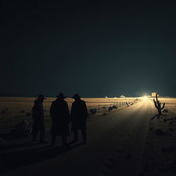 A dramatic scene depicting a group of thieves in a vast desert under a dark sky