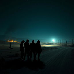 A dramatic scene depicting a group of thieves in a vast desert under a dark sky