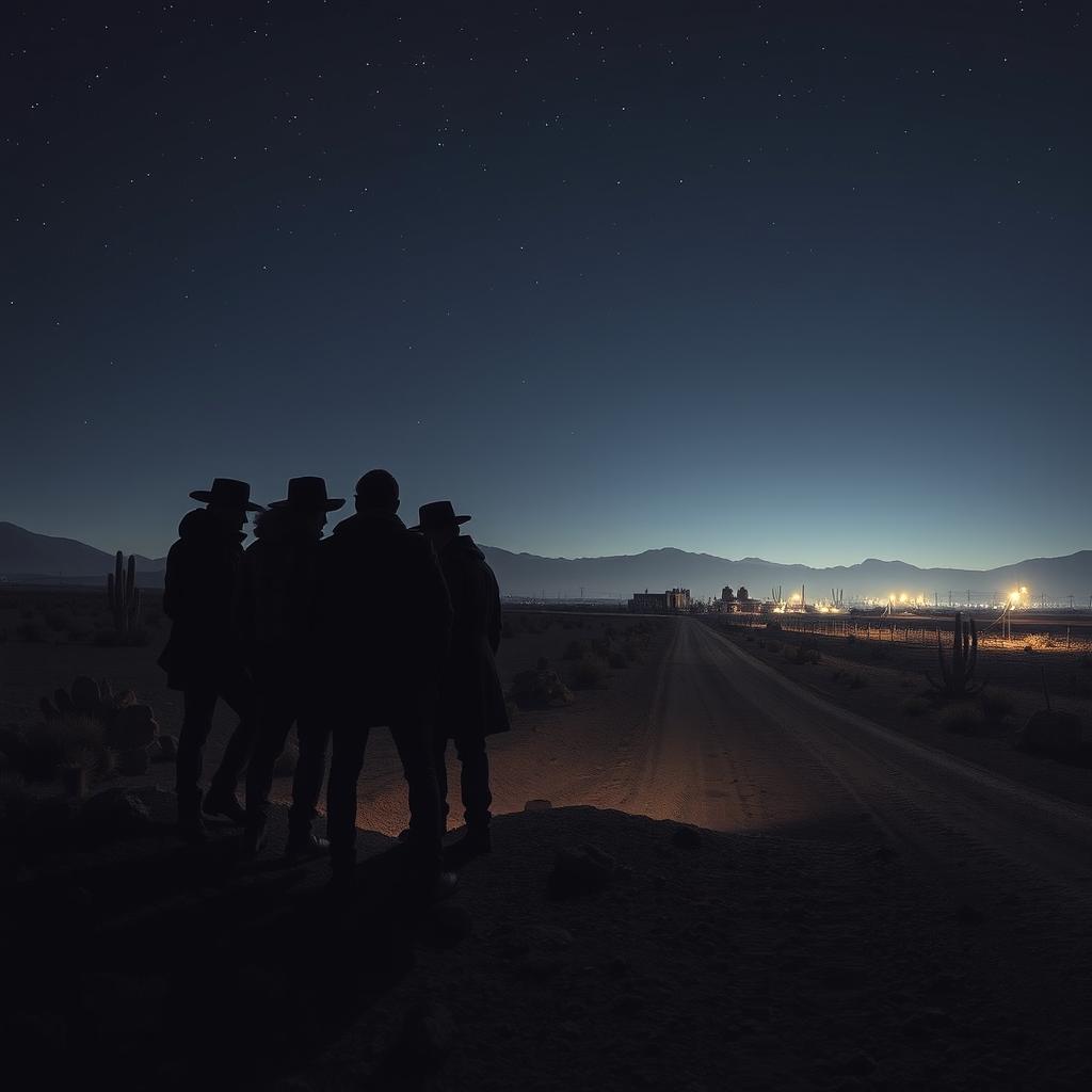 A dramatic scene depicting a group of thieves in a vast desert under a dark sky