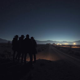 A dramatic scene depicting a group of thieves in a vast desert under a dark sky