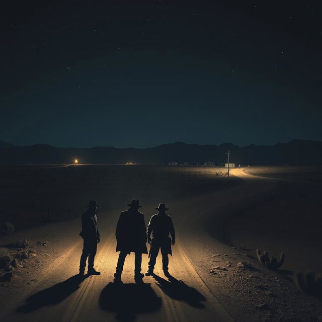 A dramatic scene depicting a group of thieves in a vast desert under a dark sky