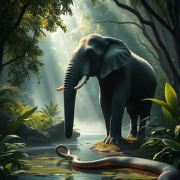 A serene jungle setting featuring a massive elephant standing majestically near a misty river
