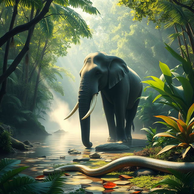 A serene jungle setting featuring a massive elephant standing majestically near a misty river