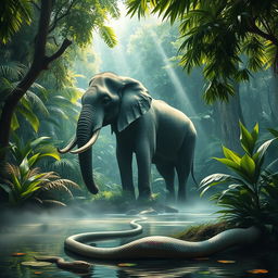 A serene jungle setting featuring a massive elephant standing majestically near a misty river