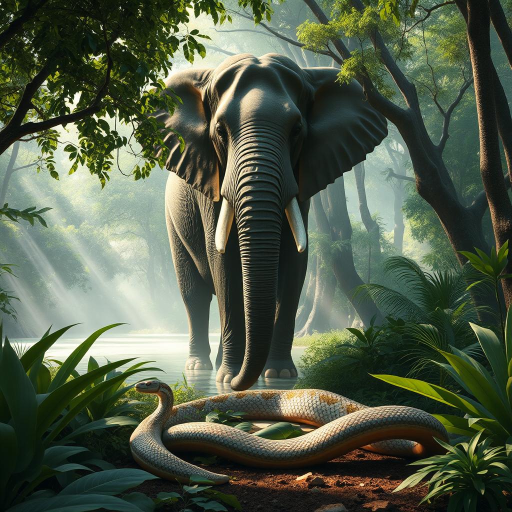 A serene jungle setting featuring a massive elephant standing majestically near a misty river