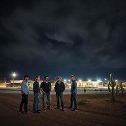 A group of men standing in the desert by a road, under a dramatic dark sky filled with swirling clouds