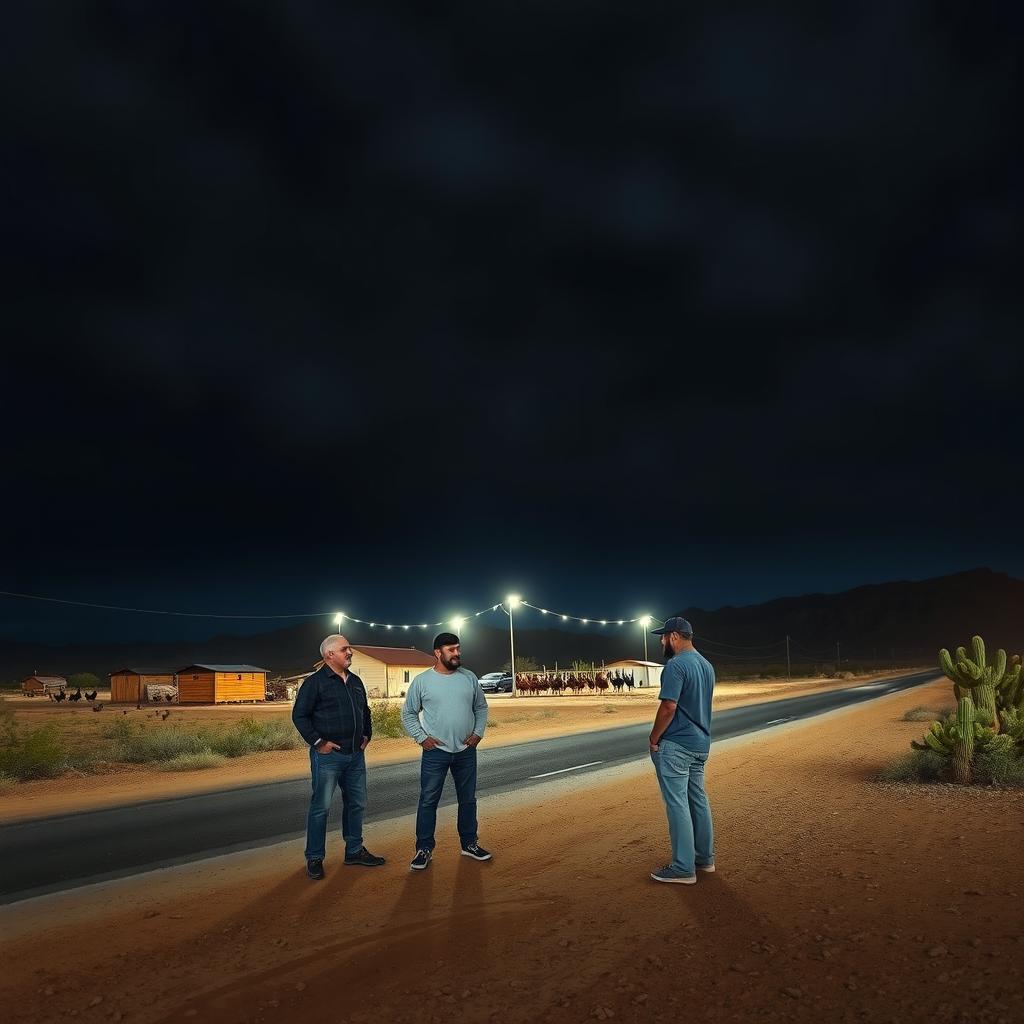 A group of men standing in the desert by a road, under a dramatic dark sky filled with swirling clouds