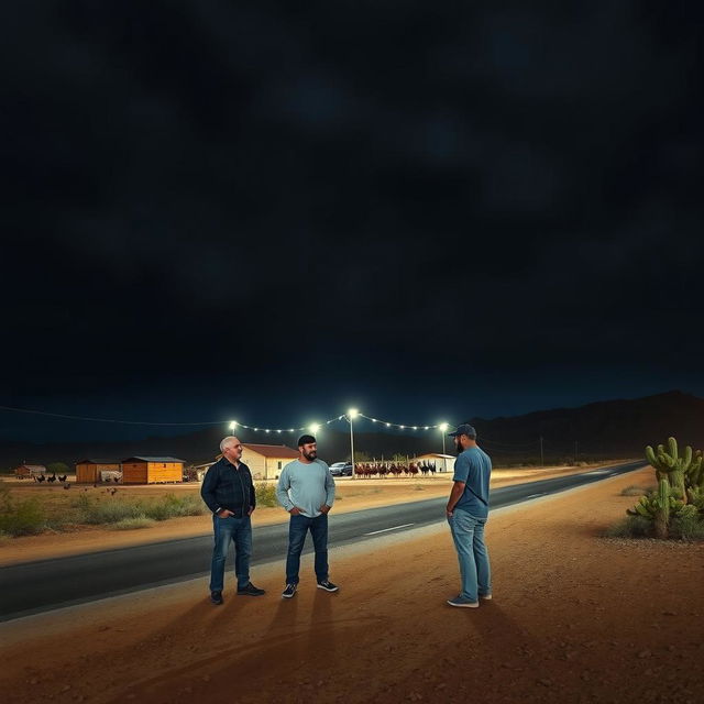 A group of men standing in the desert by a road, under a dramatic dark sky filled with swirling clouds