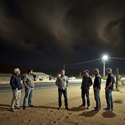 A group of men standing in the desert by a road, under a dramatic dark sky filled with swirling clouds