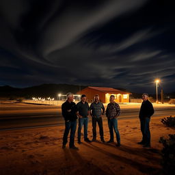 A group of men standing in the desert by a road, under a dramatic dark sky filled with swirling clouds