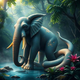 An imaginative elephant-snake hybrid creature, showcasing the massive body of an elephant with a serpent-like tail covered in iridescent scales