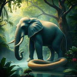 An imaginative elephant-snake hybrid creature, showcasing the massive body of an elephant with a serpent-like tail covered in iridescent scales