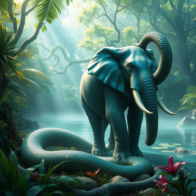 An imaginative elephant-snake hybrid creature, showcasing the massive body of an elephant with a serpent-like tail covered in iridescent scales