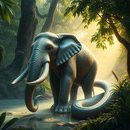 An imaginative elephant-snake hybrid creature, showcasing the massive body of an elephant with a serpent-like tail covered in iridescent scales