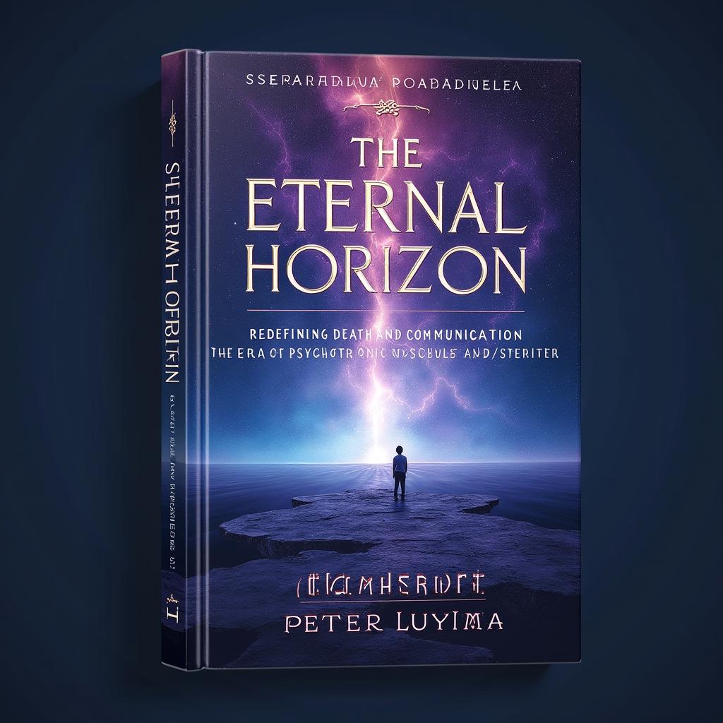 A captivating book cover design for 'The Eternal Horizon: Redefining Death and Communication in the Era of Psychotronic and Quantum Logic' by Ssemakula Peter Luyima