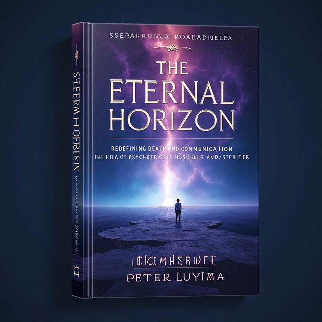 A captivating book cover design for 'The Eternal Horizon: Redefining Death and Communication in the Era of Psychotronic and Quantum Logic' by Ssemakula Peter Luyima