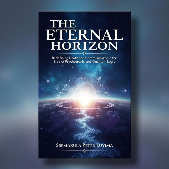 A stunning book cover design for 'The Eternal Horizon: Redefining Death and Communication in the Era of Psychotronic and Quantum Logic' authored by Ssemakula Peter Luyima