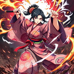 An anime style Japanese woman engaged in combat, dressed in a vibrant and intricately patterned kimono