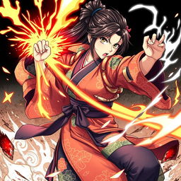 An anime style Japanese woman engaged in combat, dressed in a vibrant and intricately patterned kimono