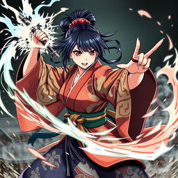 An anime style Japanese woman engaged in combat, dressed in a vibrant and intricately patterned kimono