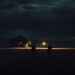 A dramatic scene depicting a few thieves seen from a distance next to a thatched henhouse in the middle of a vast desert