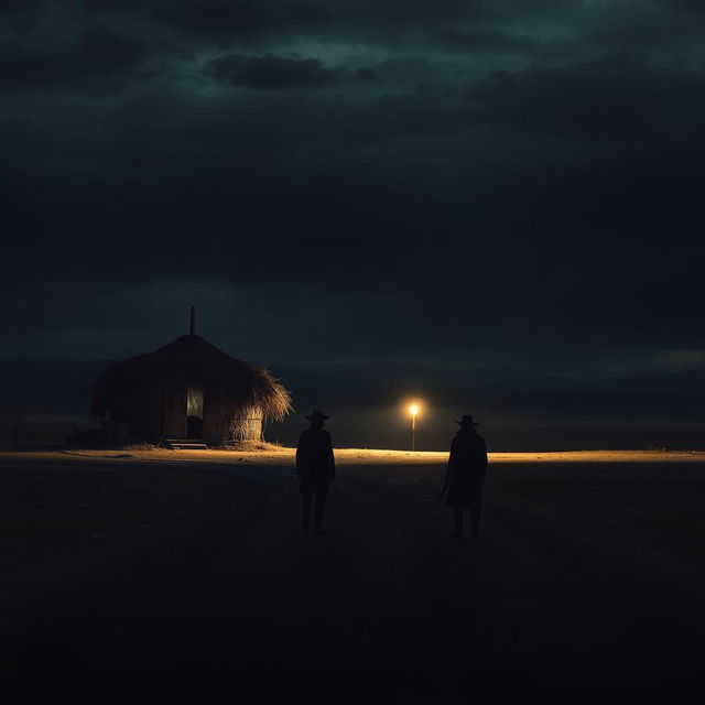 A dramatic scene depicting a few thieves seen from a distance next to a thatched henhouse in the middle of a vast desert