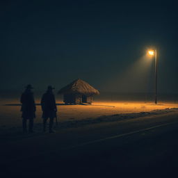 A dramatic scene depicting a few thieves seen from a distance next to a thatched henhouse in the middle of a vast desert
