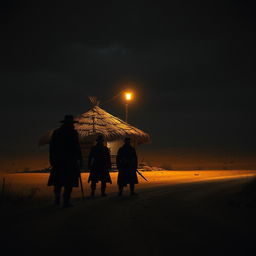 A dramatic scene depicting a few thieves seen from a distance next to a thatched henhouse in the middle of a vast desert