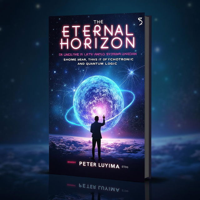 A holographic universe-themed book cover for 'The Eternal Horizon: Redefining Death and Communication in the Era of Psychotronic and Quantum Logic' by Ssemakula Peter Luyima