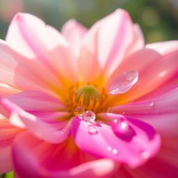 A stunning close-up view of a beautiful flower in full bloom, showcasing delicate petals adorned with dew drops