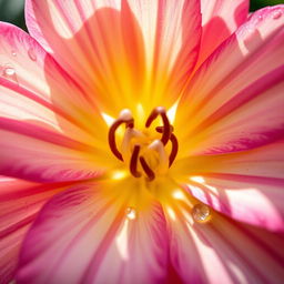 A stunning close-up view of a beautiful flower in full bloom, showcasing delicate petals adorned with dew drops