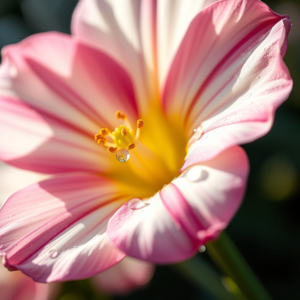 A stunning close-up view of a beautiful flower in full bloom, showcasing delicate petals adorned with dew drops
