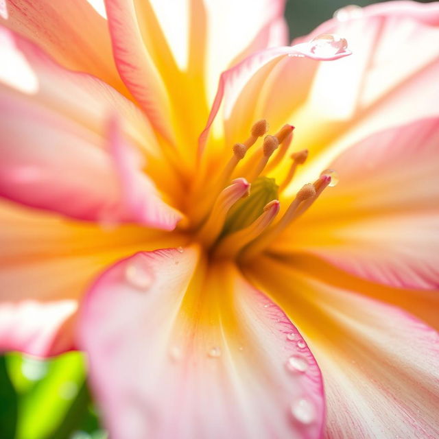 A stunning close-up view of a beautiful flower in full bloom, showcasing delicate petals adorned with dew drops