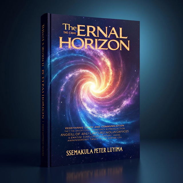 A stunning book cover design for 'The Eternal Horizon: Redefining Death and Communication in the Era of Psychotronic and Quantum Logic' authored by Ssemakula Peter Luyima, featuring a holographic universe